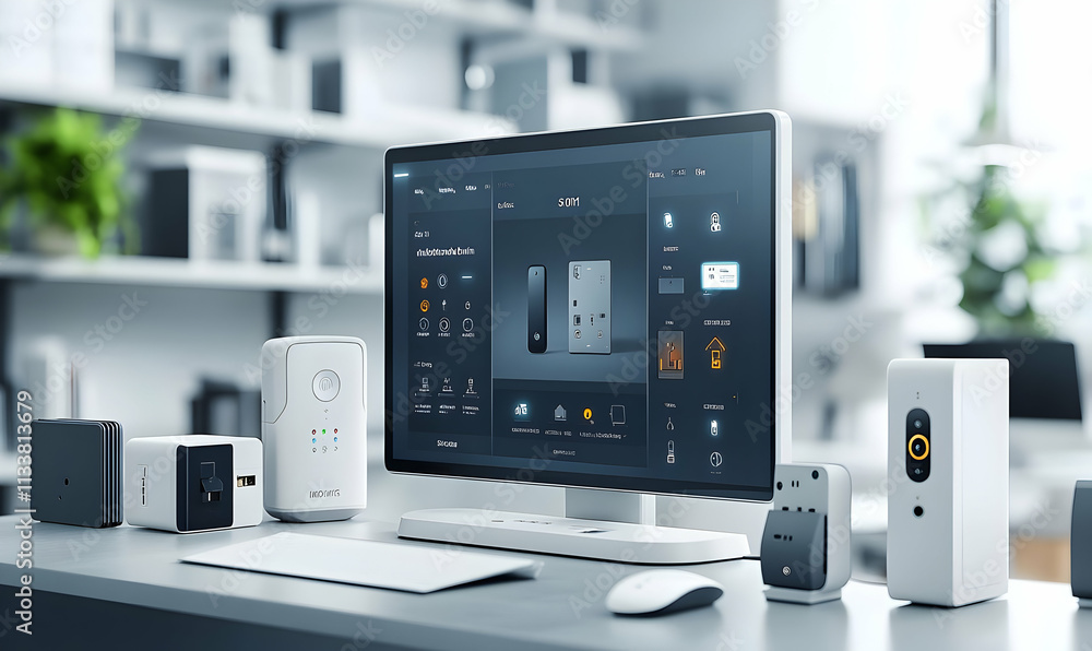 Poster a modern workspace featuring smart home devices and a computer interface for control.