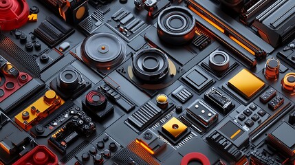 A detailed composition of modern metallic elements with vibrant colors and futuristic textures in a 3D render. 