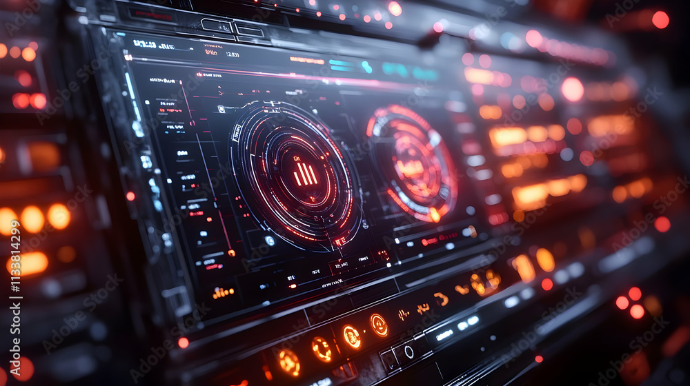 Poster futuristic control panel with glowing interfaces and data visualization elements.