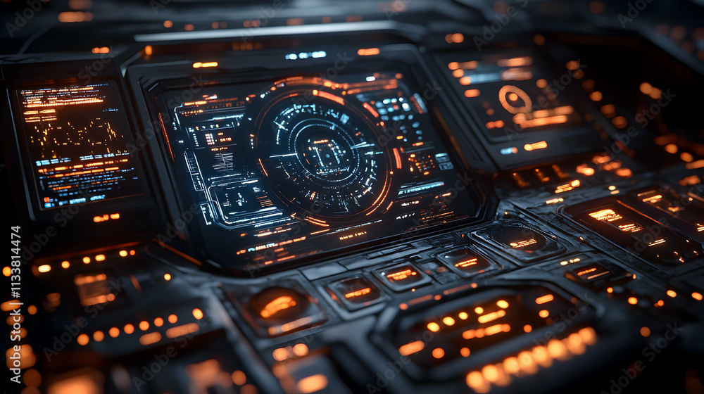 Poster futuristic control panel with glowing interfaces and buttons for advanced technology operations.