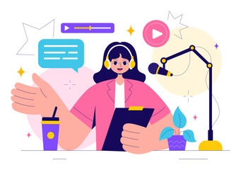 Radio Host Illustration Featuring People Wearing Headphones While Talking and Recording an Audio Podcast Show or Media Broadcasting in a Background