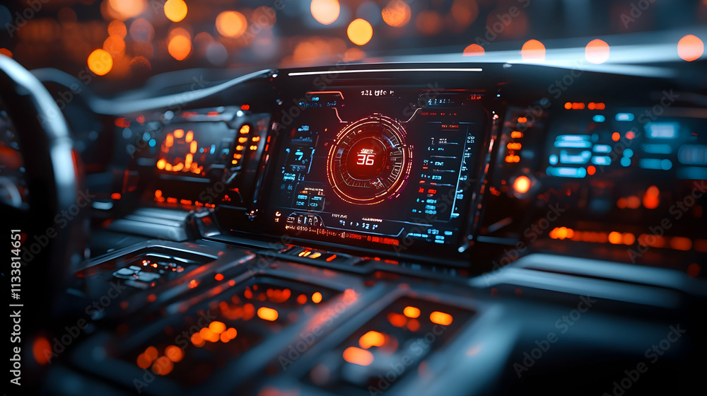 Poster futuristic dashboard with glowing interfaces and controls.