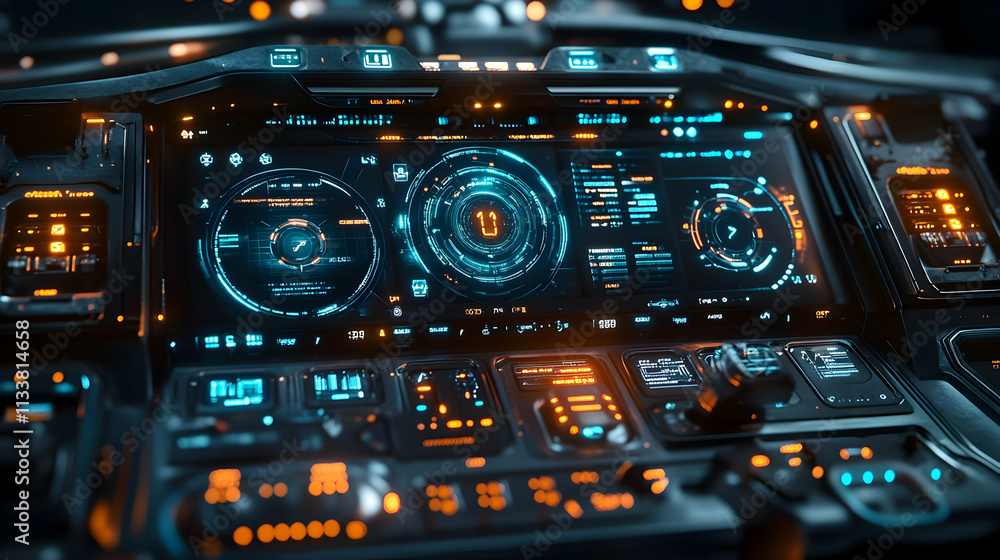 Poster futuristic control panel with glowing interfaces and buttons for advanced technology operations.