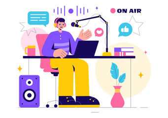 Radio Host Illustration Featuring People Wearing Headphones While Talking and Recording an Audio Podcast Show or Media Broadcasting in a Background