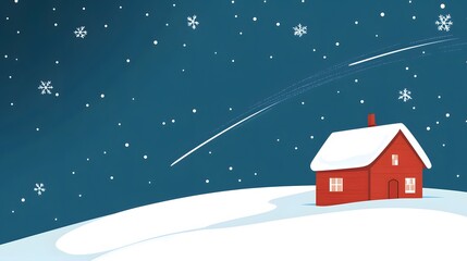 Fototapeta premium Red Cabin Snow Covered Hill Winter Night Sky