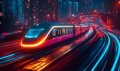 Fototapeta premium A futuristic train speeds through a vibrant, illuminated cityscape at night.