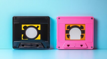 Obraz premium Retro cassette tape in vibrant pastel colors, isolated on a clean background, with a blank label for customization. Nostalgic and perfect for creative projects.