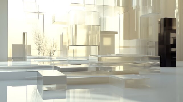 A modern 3D render of abstract forms crafted with translucent glass materials and sleek contemporary details. 