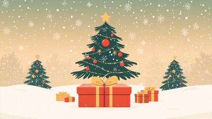 Obraz premium Merry Christmas Winter Landscape with Decorated Tree and Presents.