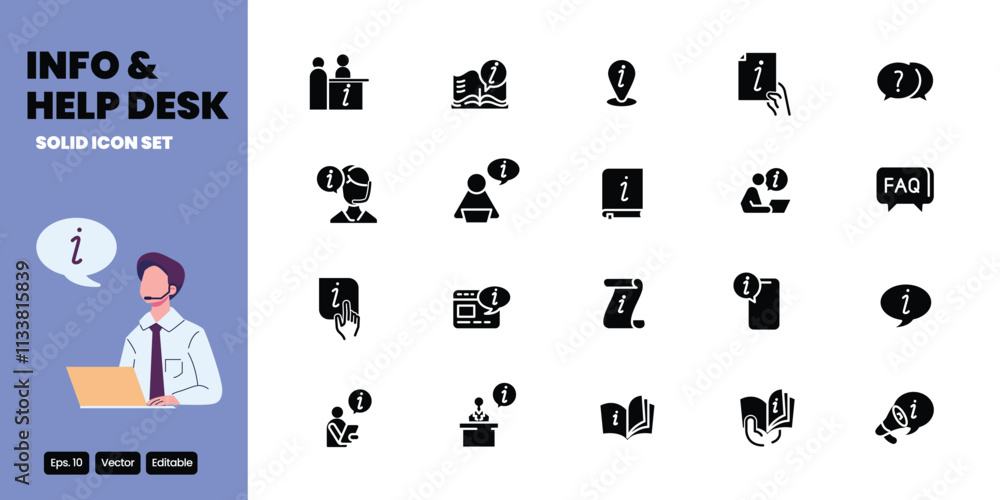 Poster info and help desk solid icon set vector design good for web and mobile app