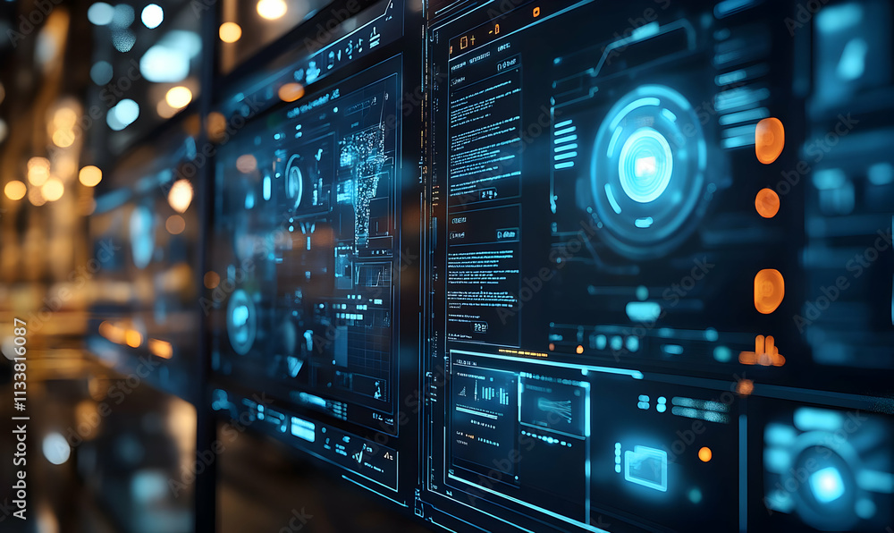 Poster futuristic digital interface displaying data and technology metrics.