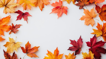 Fototapeta premium Colorful autumn leaves in vibrant shades of red, orange, and yellow create beautiful frame on white background, evoking sense of seasonal change and warmth