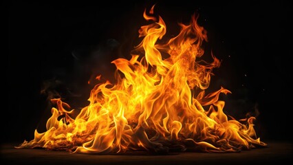 Vibrant flame fire against a dark black background, intense, glowing, fiery, inferno, heat, burning, dynamic, energy, motion