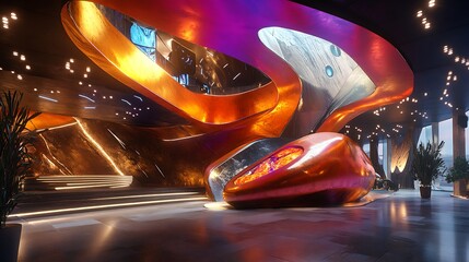 A vibrant 3D render showcasing metallic surfaces with bold modern designs and glowing accents in a high-tech environment. 