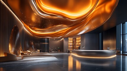 A vibrant 3D render showcasing metallic surfaces with bold modern designs and glowing accents in a high-tech environment. 