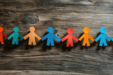 Colorful paper human figures linked together on wooden surface, symbolizing unity and diversity. This vibrant display showcases creativity and connection among individuals