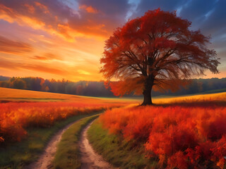 Autumn sunset with a wide and a tree