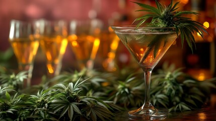 Conceptual design showcasing a tropical palm tree in a giant martini glass. A stylish pink background highlights the party mood and beach resort elegance.
