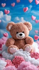 Adorable brown teddy bear sitting on a fluffy cloud surrounded by pink hearts in a dreamy blue sky, perfect for conveying love and affection in photography or design.