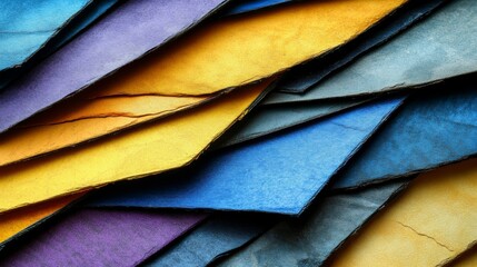 Obraz premium Retro-inspired flat lay featuring textured layers of blue, yellow, and purple papers in a Memphis geometric style. Perfect for 80s and 90s themed designs.