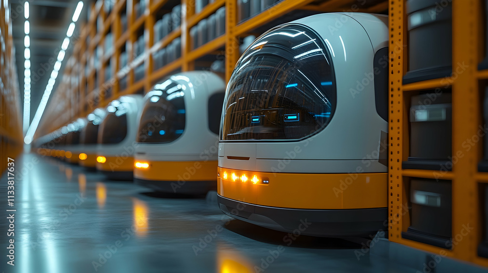 Poster automated robots in a warehouse setting, designed for efficient inventory management.