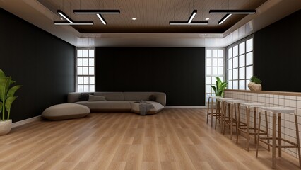 wooden restaurant or coffee shop for company logo mockup 3d interior 