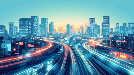 Fototapeta premium A vibrant cityscape at dusk with flowing traffic and illuminated buildings.