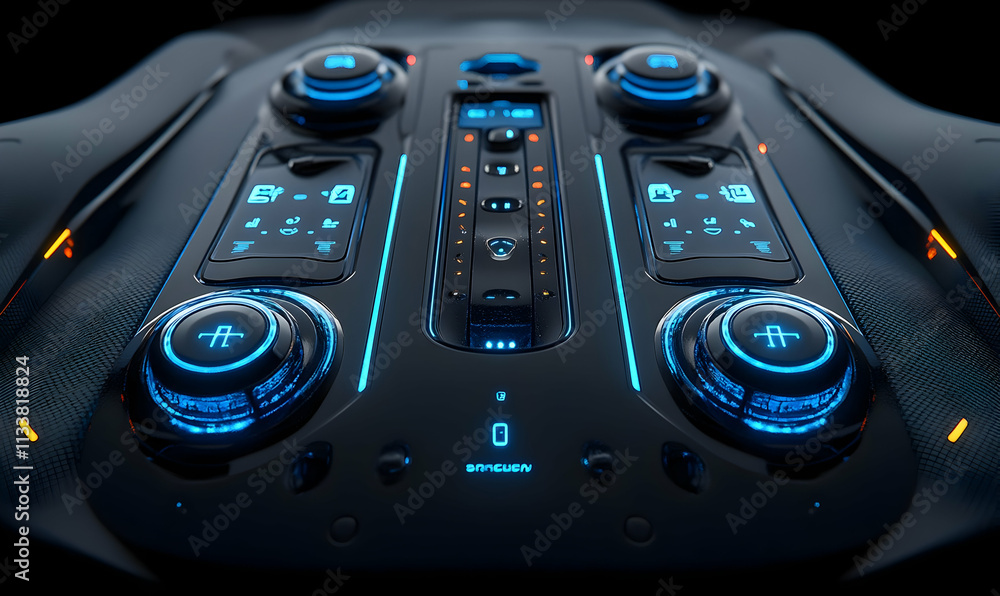 Poster a futuristic control panel featuring illuminated buttons and dials for advanced technology.