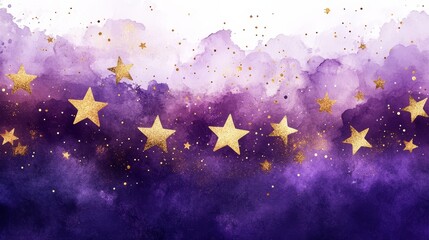 Champagne-gold stars on a purple watercolor-washed white canvas, with balanced symmetry and festive elements, creating a harmonious backdrop perfect for seasonal scrapbooking and digital projects.