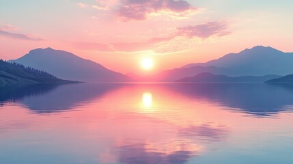 Fototapeta premium Futuristic retro wave with neon sun setting on the sea and mountains in a minimalistic 3D render. Retro style blending with vibrant lights and soft focus blur effect.