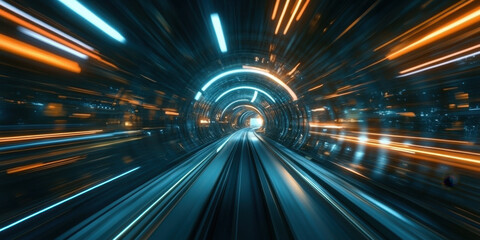Futuristic high speed train traveling through vibrant, illuminated tunnel, showcasing dynamic light trails and sense of rapid motion