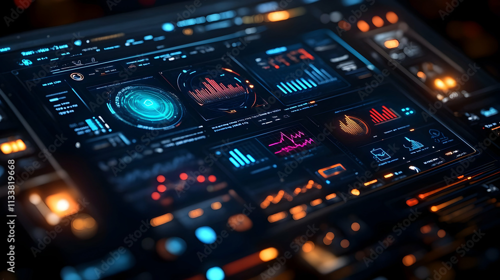 Poster a futuristic digital dashboard displaying data analytics and visualizations.
