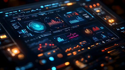 Obraz premium A futuristic digital dashboard displaying data analytics and visualizations.
