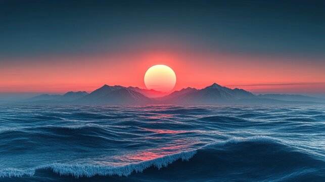 Neon-lit retro sunset over mountains and the sea in a futuristic minimalist style. 3D render with blur effect, creating a banner-like design evoking nostalgic waves of light.