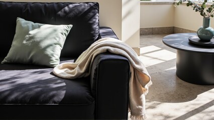 Generative AI, Modern close-up of a velvet sofa with minimalist decor