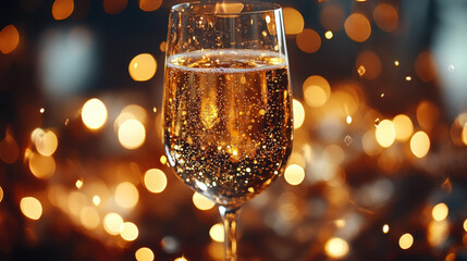 sparkling glass of champagne surrounded by golden bokeh lights creates festive atmosphere, perfect for celebrations and special occasions