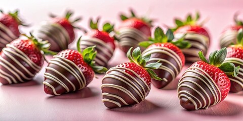 Delicious chocolate covered strawberries on a soft pink background, dessert, gourmet, sweet, romantic, indulgent