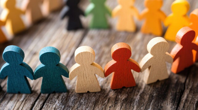 Colorful wooden figures representing diversity and unity in governance, arranged in circle on rustic wooden surface, symbolizing collaboration and community