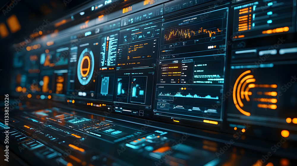 Poster futuristic control panel displaying data analytics and visualizations.