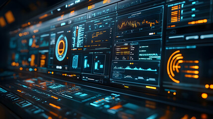 Obraz premium Futuristic control panel displaying data analytics and visualizations.