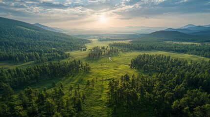 Obraz premium Majestic forest landscape shot from high altitude under the golden glow of the sun, capturing the vibrant colors of trees and the expansive natural scenery. Perfect for nature and outdoor enthusiasts.