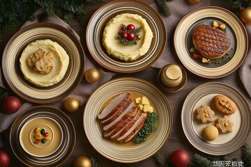 Festive Holiday Feast Platter Featuring Delicious Roast Turkey, Creamy Mashed Potatoes, Colorful Cookies, and Garnishes for a Merry Celebration
