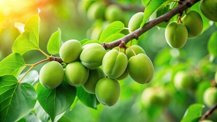 Green apricot fruits on stems with fresh leaves, fresh, ripe, apricot, fruit, green, stem, leaves, organic, natural, farm