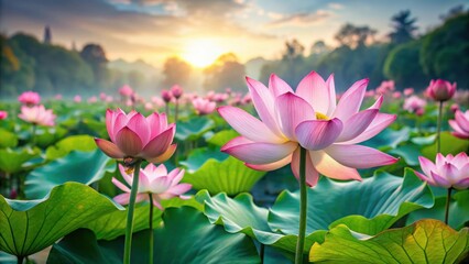 Obraz premium Beautiful lotus flowers blooming in a lotus pond, lotus, flowers, blooming, pond, nature, water, pink, peaceful, serene, garden