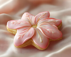 Pink flower-shaped cookie on silk fabric.