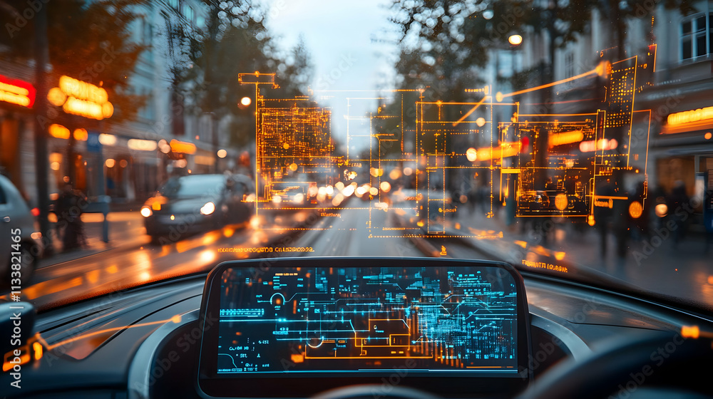 Poster a futuristic car dashboard displaying digital navigation and traffic data in an urban setting.