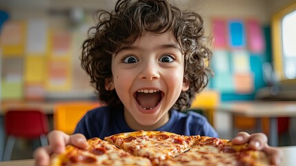 Happy Child Enjoying Delicious Pepperoni Pizza