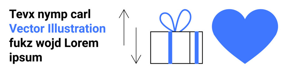 Blue heart symbol next to a gift box wrapped with a ribbon and placeholder text. Ideal for love, romance, celebration, appreciation, gift giving, holidays, and special occasions. Landing page