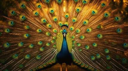 Obraz premium Majestic Peacock Display: A Golden Symphony of Feathers