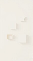 A modern abstract composition with floating squares and rectangles in soft beige and gray tones.